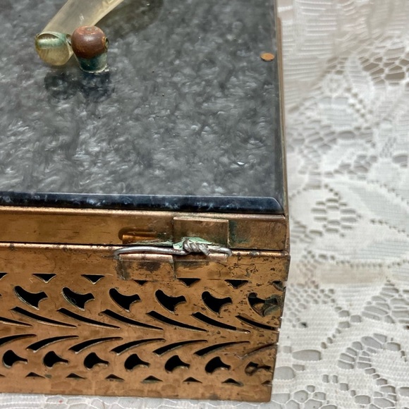 Vintage, Pierced Copper Tone Metal and Gray Lucite Boxy Purse- 8in x4.5 x 3.5in - Picture 9 of 12